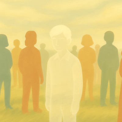 Person føler sig usynlig i en gruppe. Illustration af imposter syndrom og følelsen af at stå udenfor